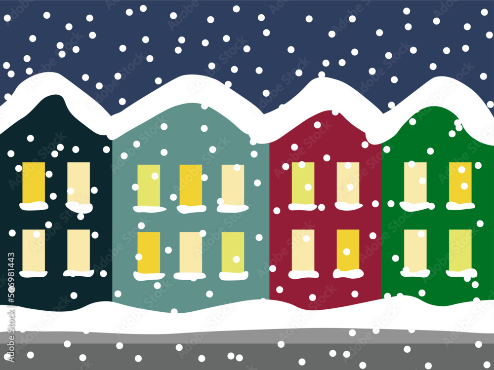 Scandinavian city and snowfall, vector. Scandinavian houses of different colors in the evening, snow is falling.
