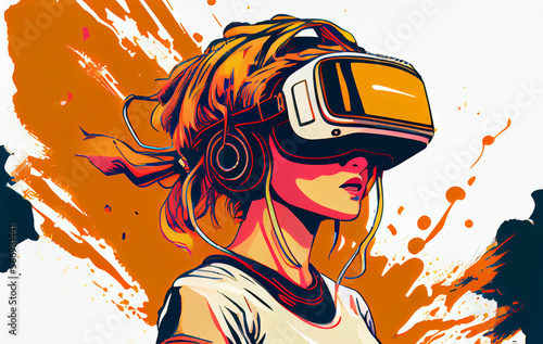Concept of virtual reality technology, graphic of a teenage gamer wearing VR head-mounted playing game. Generative Ai.