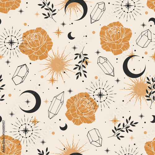 Magic seamless vector pattern with plants and stars. Boho pattern for astrology, textiles, wrapping paper, design.