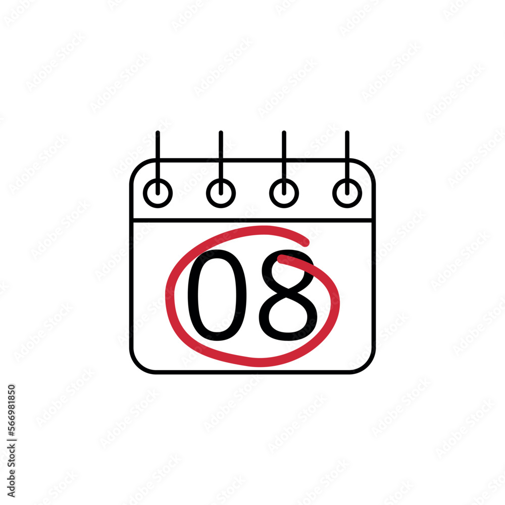 Flat icon of calendar marking day 08 with red line. Flat icon of calendar marking day 08 with red line.