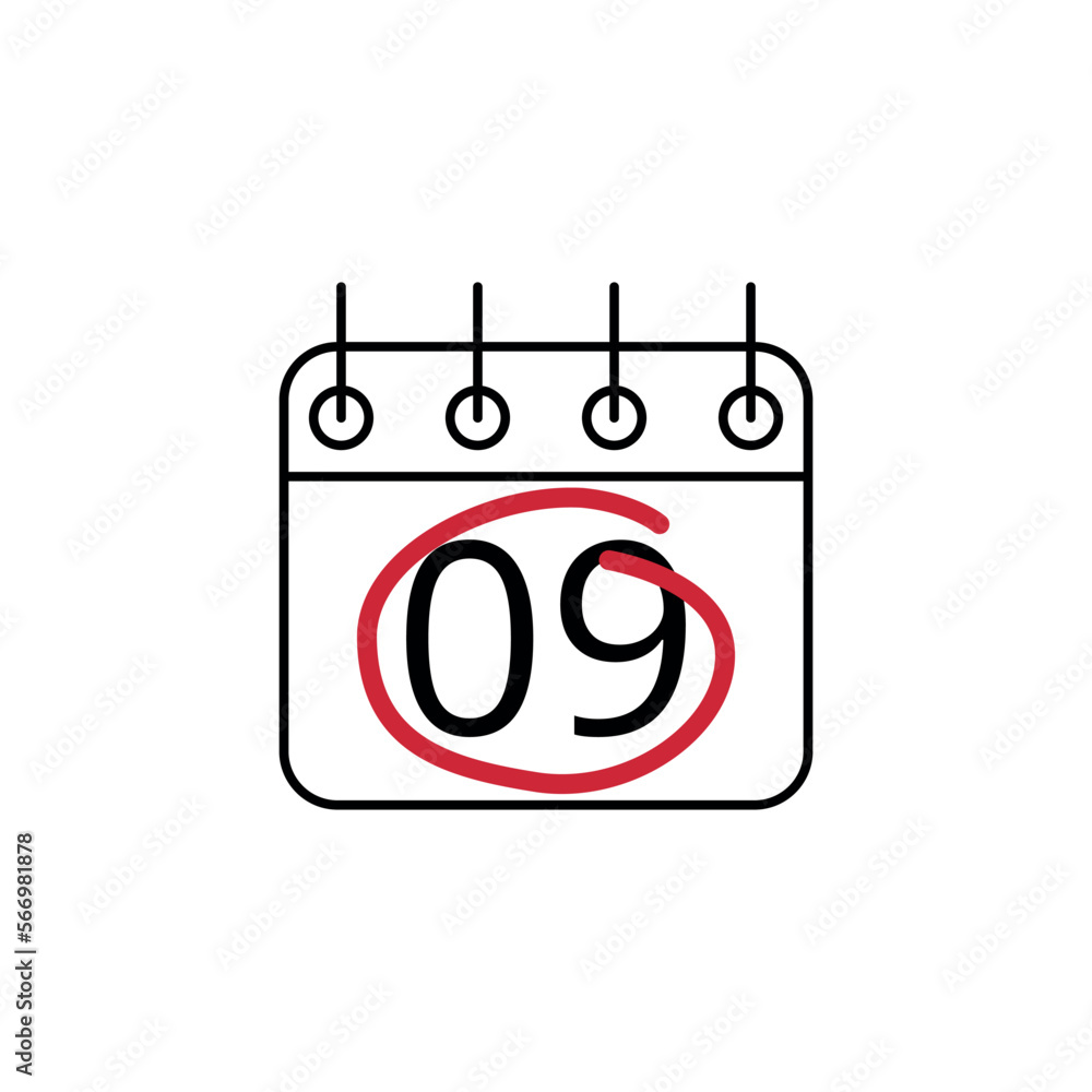 Flat icon of calendar marking day 09 with red line. Flat icon of calendar marking day 09 with red line.