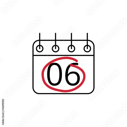 Flat icon of calendar marking day 06 with red line.