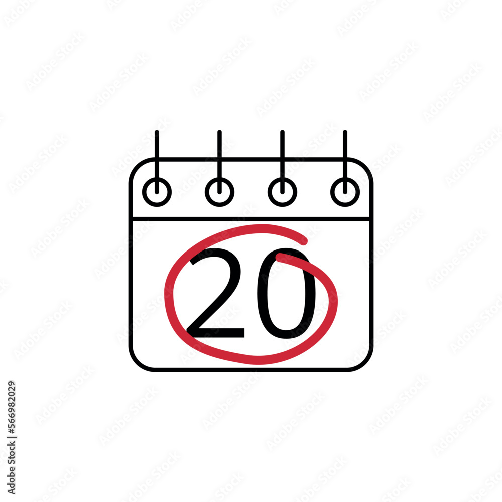 Flat icon of calendar marking day 20 with red line. Flat icon of calendar marking day 20 with red line.
