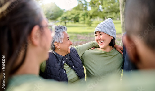 фотографія Friends, hug and happy volunteer people outdoor at a nature park in summer