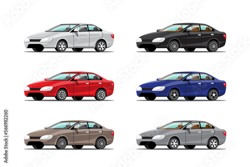 Big isolated vehicle vector colorful icons set  flat illustrations of various type car.