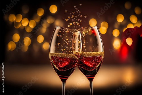 Two glasses with red wine and toasting hearts. Valentine's Day celebration toast. Valentine's day toast, glasses of pink champagne close up, gold yellow bokeh lights background. AI generated image.