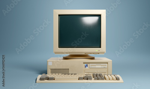 Retro 1990s style beige desktop PC computer and monitor screen and keyboard.  3D illustration.