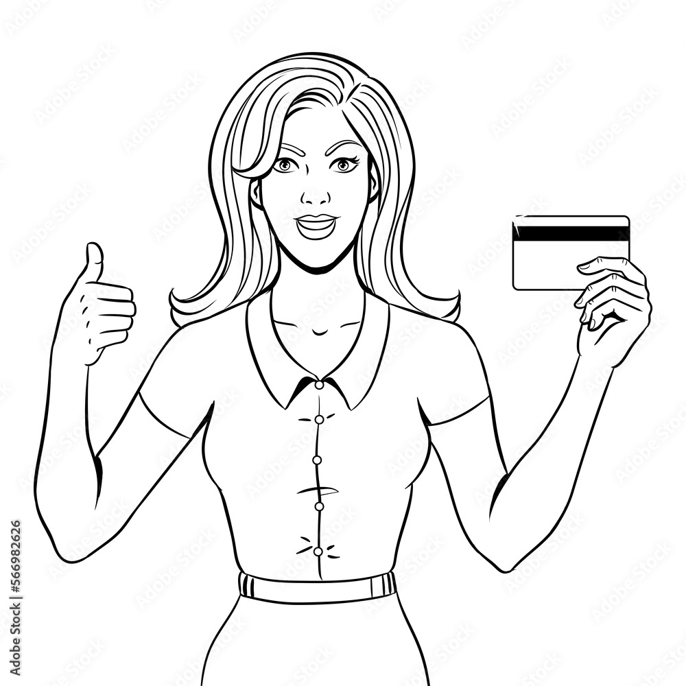 Young woman with bank card coloring book PNG illustration with transparent background Young woman with bank card coloring book PNG illustration with transparent background