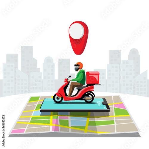 Big isolated Motorcycle vector colorful icons, flat illustrations of delivery by motorcycles through GPS tracking location. delivery bike, pizza and food delivery, instant delivery, online delivery.