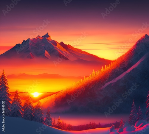 Winter Sunset Mountain, Generative AI Illustration