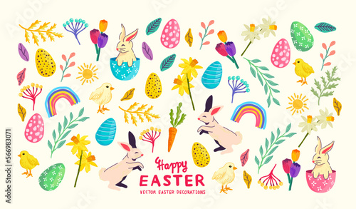 Bright Easter celebrations collection with eggs, rabbits and floral decorations! Vector illustration