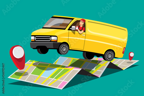 Big isolated vehicle vector colorful icons, flat illustrations of delivery by van through GPS tracking location. delivery vehicle, goods and  food delivery, instant delivery, online delivery.