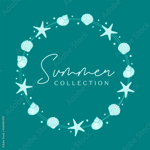 Round seashells frame. Sea and ocean design vertical template. Vector illustration summer or beach party, advertising design