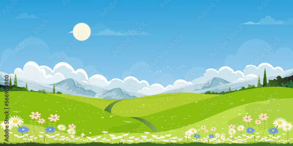 Fototapeta premium Spring green fields landscape with mountain,blue sky and clouds background,Panorama peaceful rural natural in springtime with green grass land. Cartoon vector illustration for spring and summer banner
