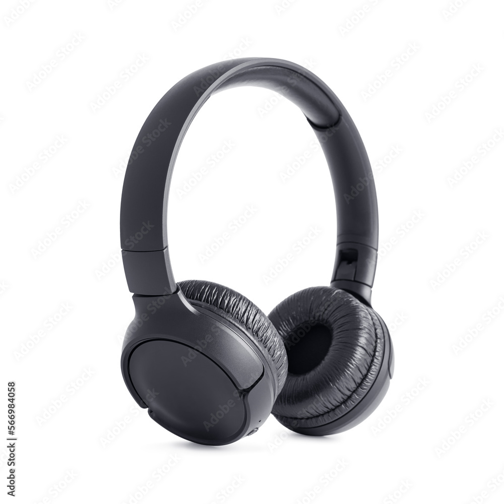 Black modern over-ear or full size wireless headphones on white Black modern over-ear or full size wireless headphones on white