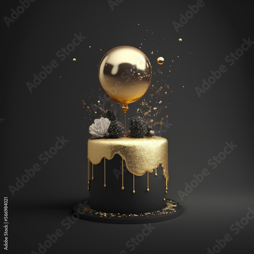 luxurious birthday celebration themed minimalist black cake with golden icing topped with flowers and balloon surrounded by sprinkles of gold on black background generative ai
