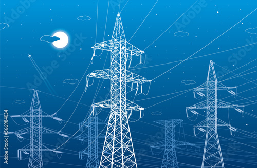 High voltage transmission systems. Electric pole. Power lines. A network of interconnected electrical. White otlines on blue background. Vector design illustration