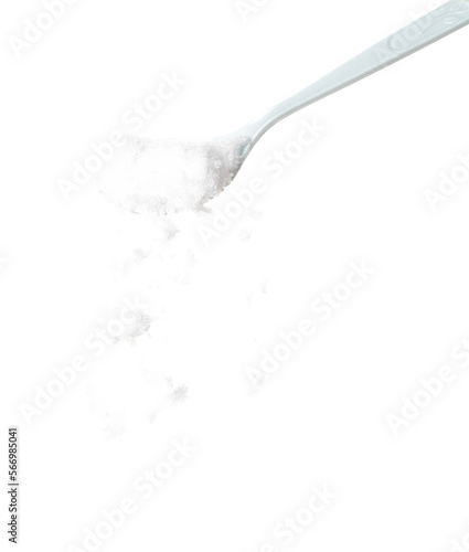 Refined Salt fall down pouring in plastic spoon, powder white salts explode abstract cloud fly. Small ground salt splash in air, food object element design. White background isolated high speed freeze