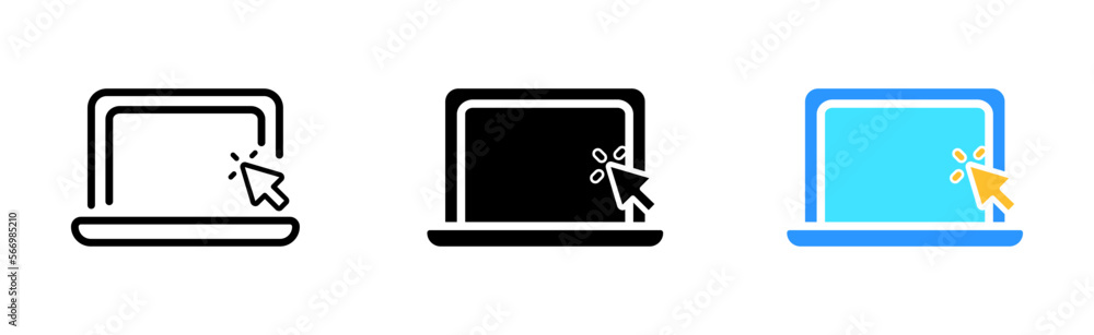 Laptop with click set icon. Screen, monitor, electronics, browser, internet, world wide web, data, knowledge. technology concept. Vector icon in line, black and colorful style on white background Laptop with click set icon. Screen, monitor, electronics, browser, internet, world wide web, data, knowledge. technology concept. Vector icon in line, black and colorful style on white background
