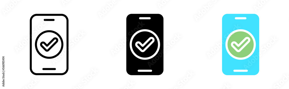 Phone with Check mark line icon. Tick and cross, success, failure. Approved, confirmed, rejected. Canceled concept. Vector icon in line, black and colorful style on white background Phone with Check mark line icon. Tick and cross, success, failure. Approved, confirmed, rejected. Canceled concept. Vector icon in line, black and colorful style on white background