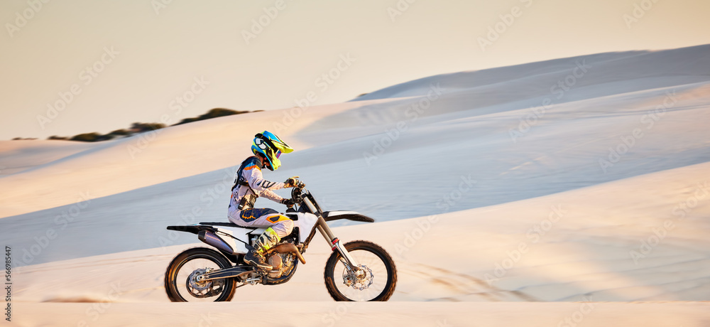 Moto cross, sand mountain or man on bike in Dubai for sport workout, sunset  ride or