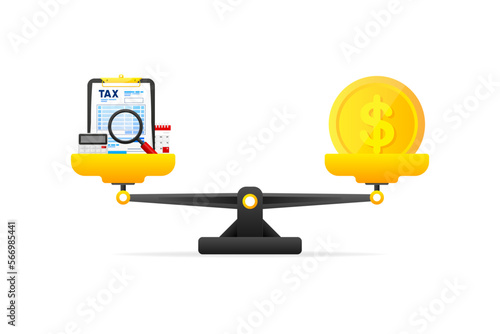 Tax or Money scale. Business concept. Tax scale. Tax burden concept. Debt, fee, crisis and bankruptcy. Vector illustration.
