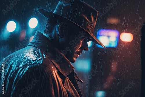 portrait of male detective in noir style in a raincoat and hat in a night city. Generative AI