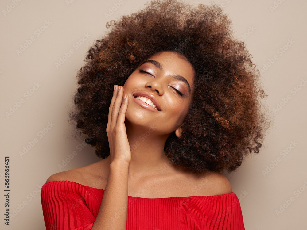 Beauty portrait of African American girl with afro hair. Beautiful black woman. Cosmetics, makeup and fashion Beauty portrait of African American girl with afro hair. Beautiful black woman. Cosmetics, makeup and fashion