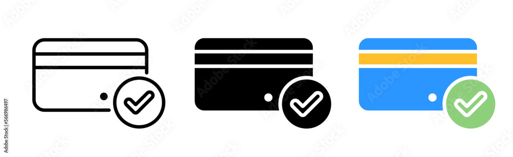 Bank card with checkmark line icon. Approved, money, cashless payments, pay, savings, income, expense, banking. Vector icon in line, black and colorful style on white background Bank card with checkmark line icon. Approved, money, cashless payments, pay, savings, income, expense, banking. Vector icon in line, black and colorful style on white background