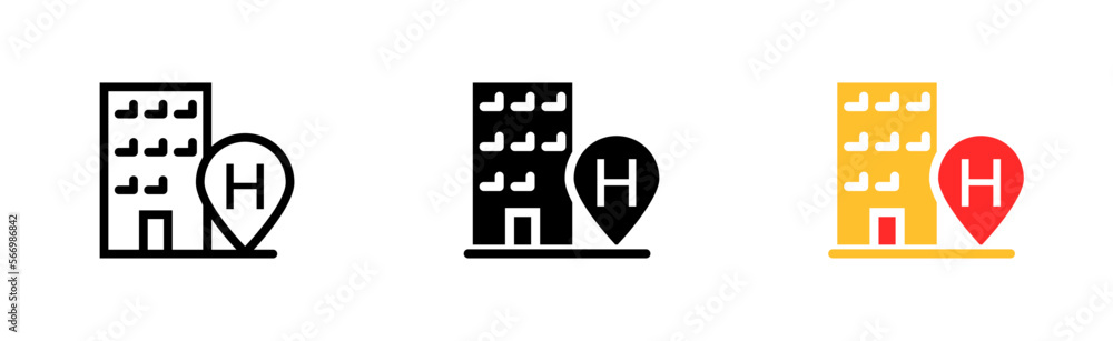 Hotel building line icon. Label, gadget, chat, community, route, path, goal, navigator. The concept of gadgets. Vector icon in line, black and colorful style on white background Hotel building line icon. Label, gadget, chat, community, route, path, goal, navigator. The concept of gadgets. Vector icon in line, black and colorful style on white background