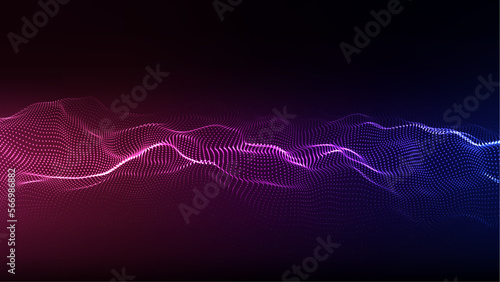 Abstract technology wave of particles. Big data visualization. Vector background with motion dots and lines. Artificial intelligence.