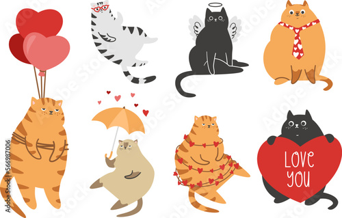 A set of characters for Valentine's Day. Cute funny cats. 