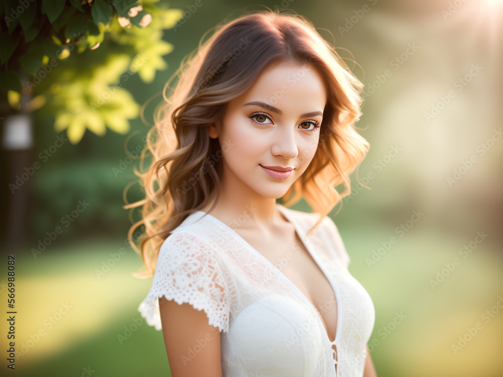 Portrait of bride young beautiful woman on green blurred background. Generative AI Portrait of bride young beautiful woman on green blurred background. Generative AI