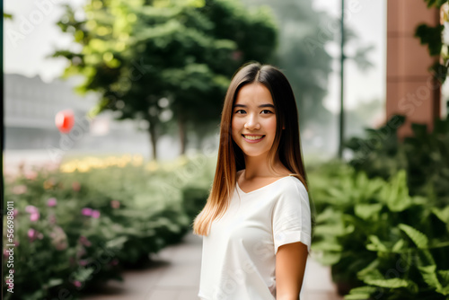 Young asian teenage girl woman with long hair and white blouse. Natural smile and skin. Generative AI