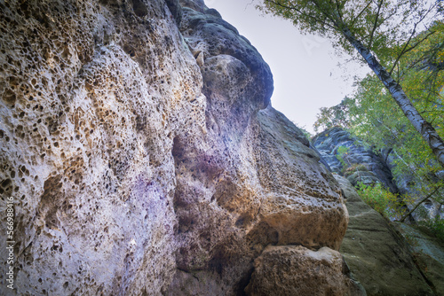 Panoramic birdview over monumental Bastei sandstone pillars near Kurort Rathen village in the national park Saxon Switzerland by Dresden and Elbe river, Saxony, Germany