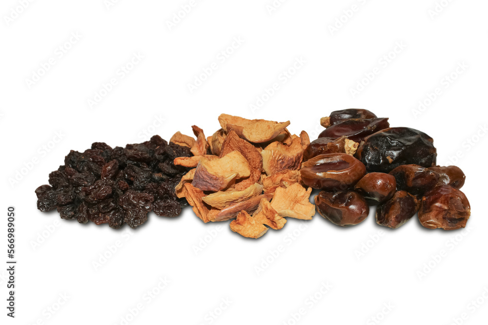 Dried fruits in assortment. Dried raisins, apples, dates. Transparent PNG layer. Dried fruits in assortment. Dried raisins, apples, dates. Transparent PNG layer.
