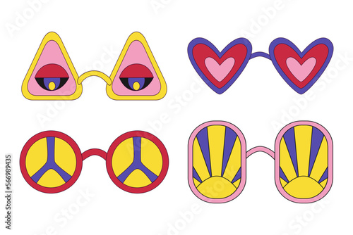 Acid rave y2k sunglasses set. Eyes heart peace sun groovy sunglasses in retro hippie style. 1970 trippy vinyage eyewear. Psychedelic retro icons stickers. Vector illustration.