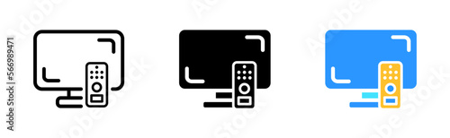 TV set icon. Television, media, films, cartoons, news, programs, leisure, smart TV, channels, remote control, screen, recreation. Vector icon in line, black and colorful style on white background