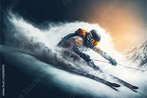 Illustration generative AI skier going down the mountain fast