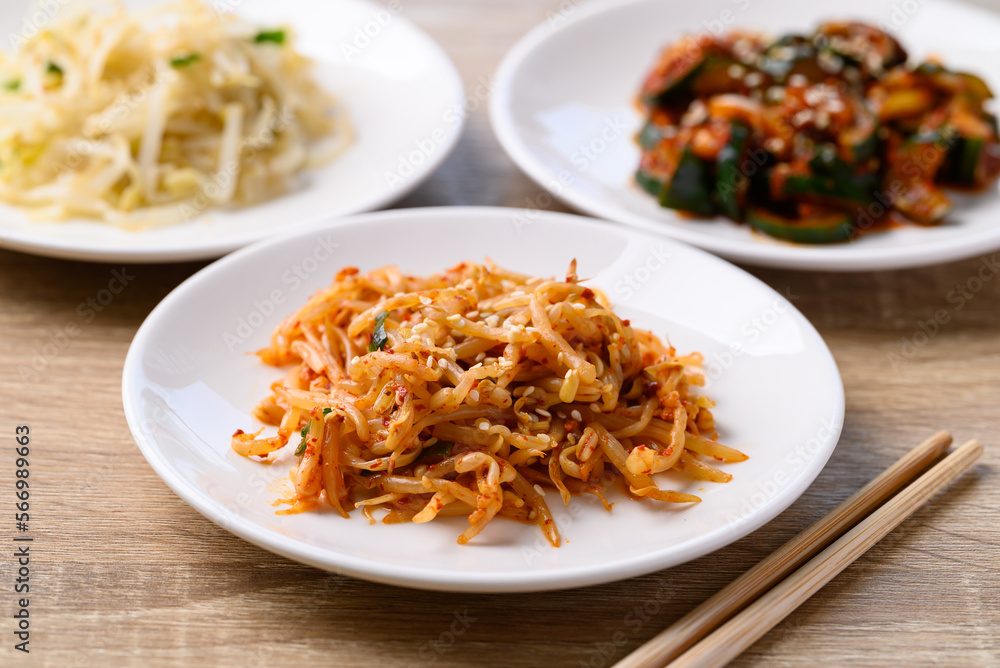 Spicy mung bean sprouts salad and kimchi cucumber, Korean food side dish