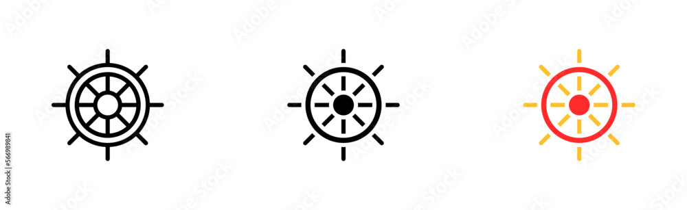 Obraz premium Steering wheel set icon. Helm, wheel, control, navigate, navigation, geography, location, ship. Geolocation concept. Vector icon in line, black and colorful style on white background