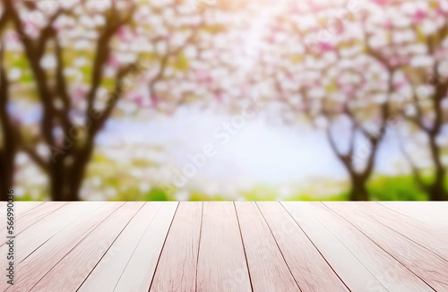Empty white wooden table on top over blur spring background  cherry blossom. Generative AI.