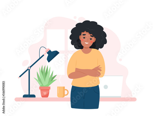 Black woman entrepreneur standing in front of desk with crossed arms. Successful business woman smiling. Cute concept vector illustration in flat style