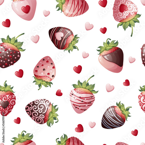 Fototapeta Naklejka Na Ścianę i Meble -  Seamless texture with chocolate covered strawberries on a white background. Romance, valentines day, sweet gift. Suitable for wrapping paper, textile, wallpaper.