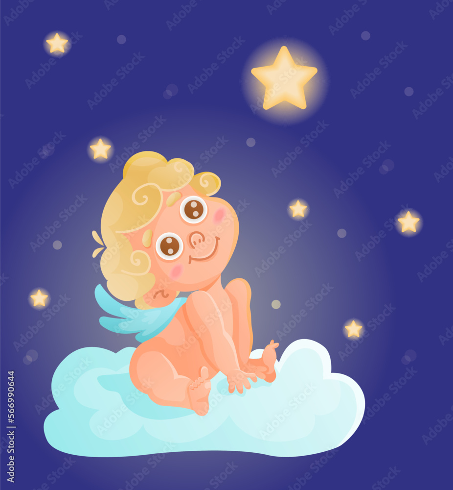 Cute cartoon cupid is sitting on the cloud and watching the bright star. Night vector illustration. Cute cartoon cupid is sitting on the cloud and watching the bright star. Night vector illustration.