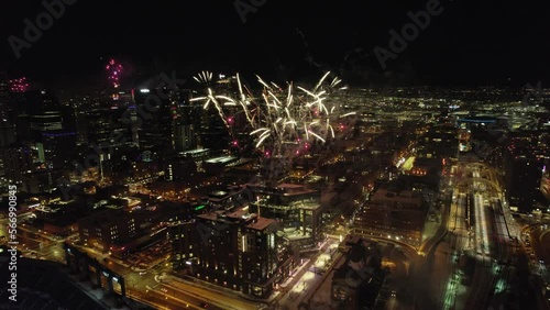 Wallpaper Mural Aerial Drone View Flying Backwards Through Exploding Fireworks Show Over Downtown Denver Skyline At Night. Torontodigital.ca