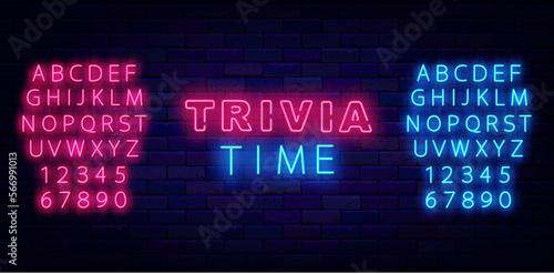 Trivia time neon sign. Shiny typography for tv show, event. Quiz show. Game competition. Vector illustration