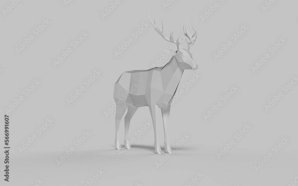 Fototapeta premium Low poly polygonal animal deer in grey white colour on solid background advertisement ready with free space for text right front isometric camera view 3d rendering image