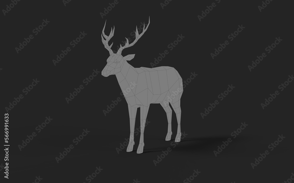 Low poly line cartoon style grey deer stag on black background modern graphic design element 3d rendering image front perspective camera view