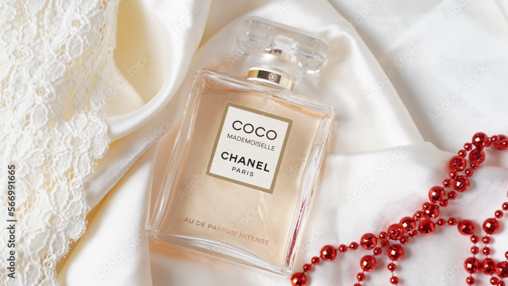 Netanya, Israel - 27 January, 2023 Coco Mademoiselle Chanel Paris worldwide  famous French perfume bottle on the white silk background Stock Photo |  Adobe Stock